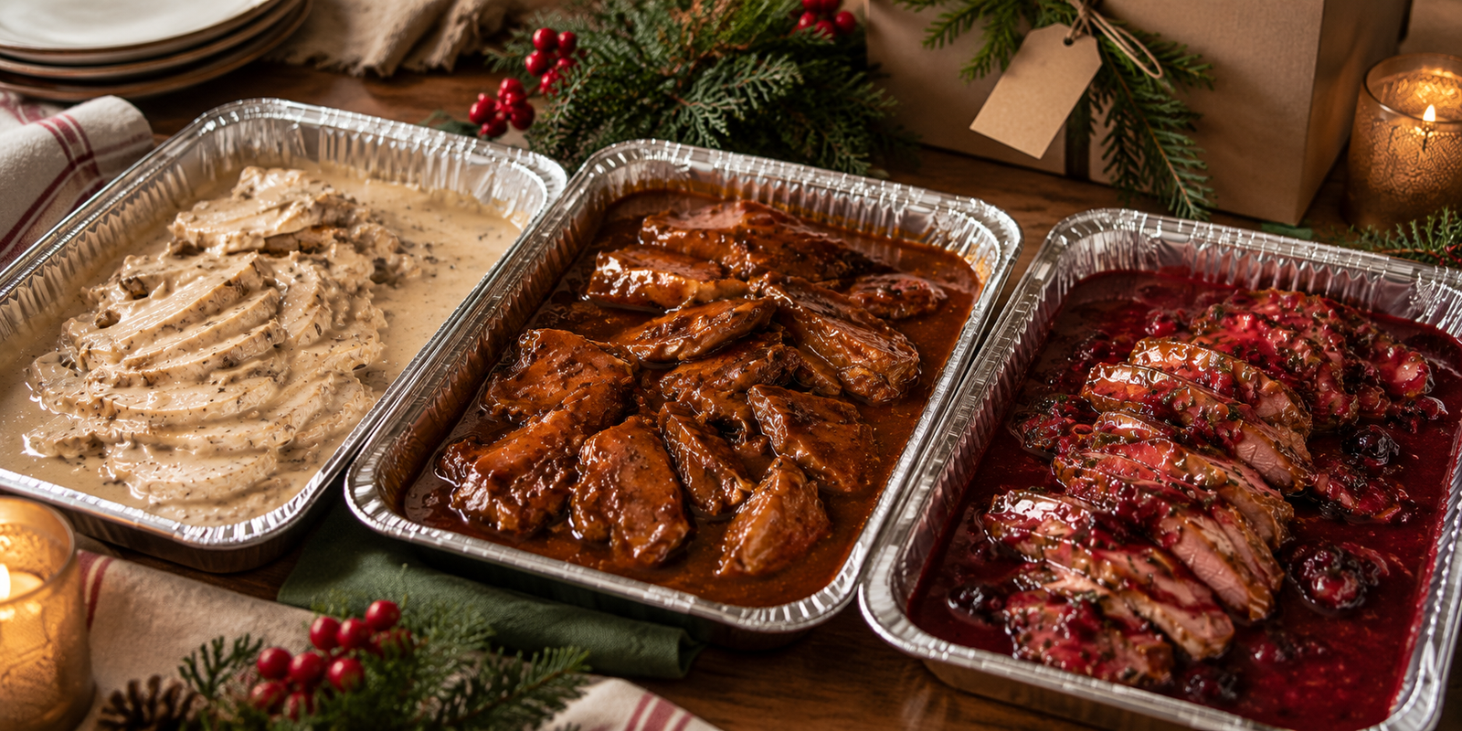 Selección de carnes navideñas en bandejas: pollo en salsa cremosa, carne en salsa oscura y carne con frutos rojos