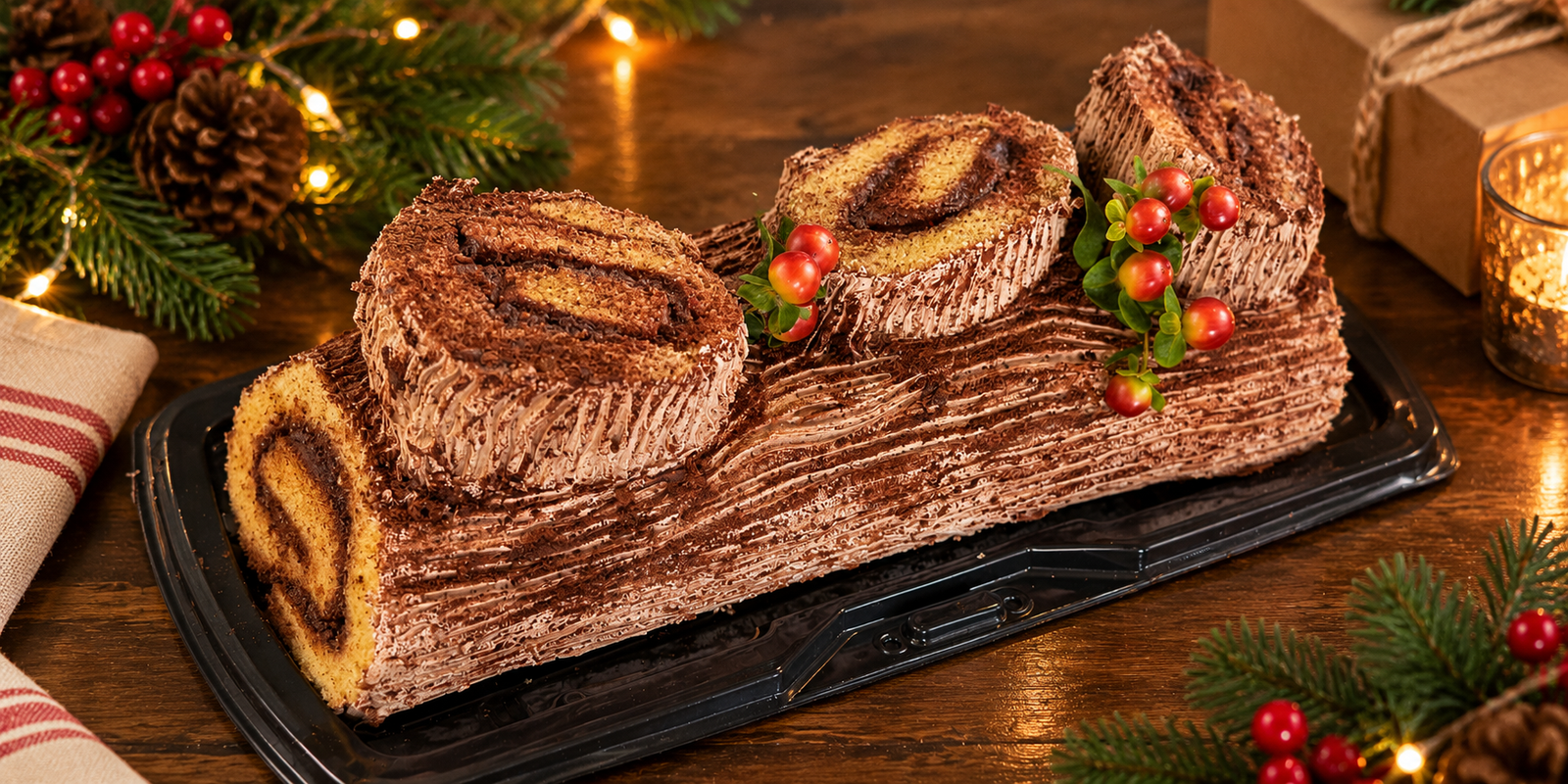 Tronco de chocolate navideño en una mesa con luces cálidas